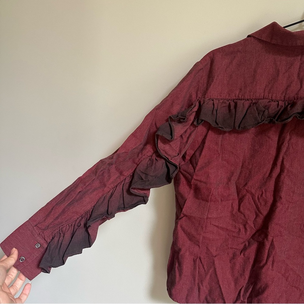 Aglini Dark Red Ruffle Button Down Shirt - Picture 5 of 8